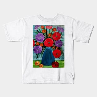 Some carnation and orange daisy's in a turquoise metallic vase . Kids T-Shirt